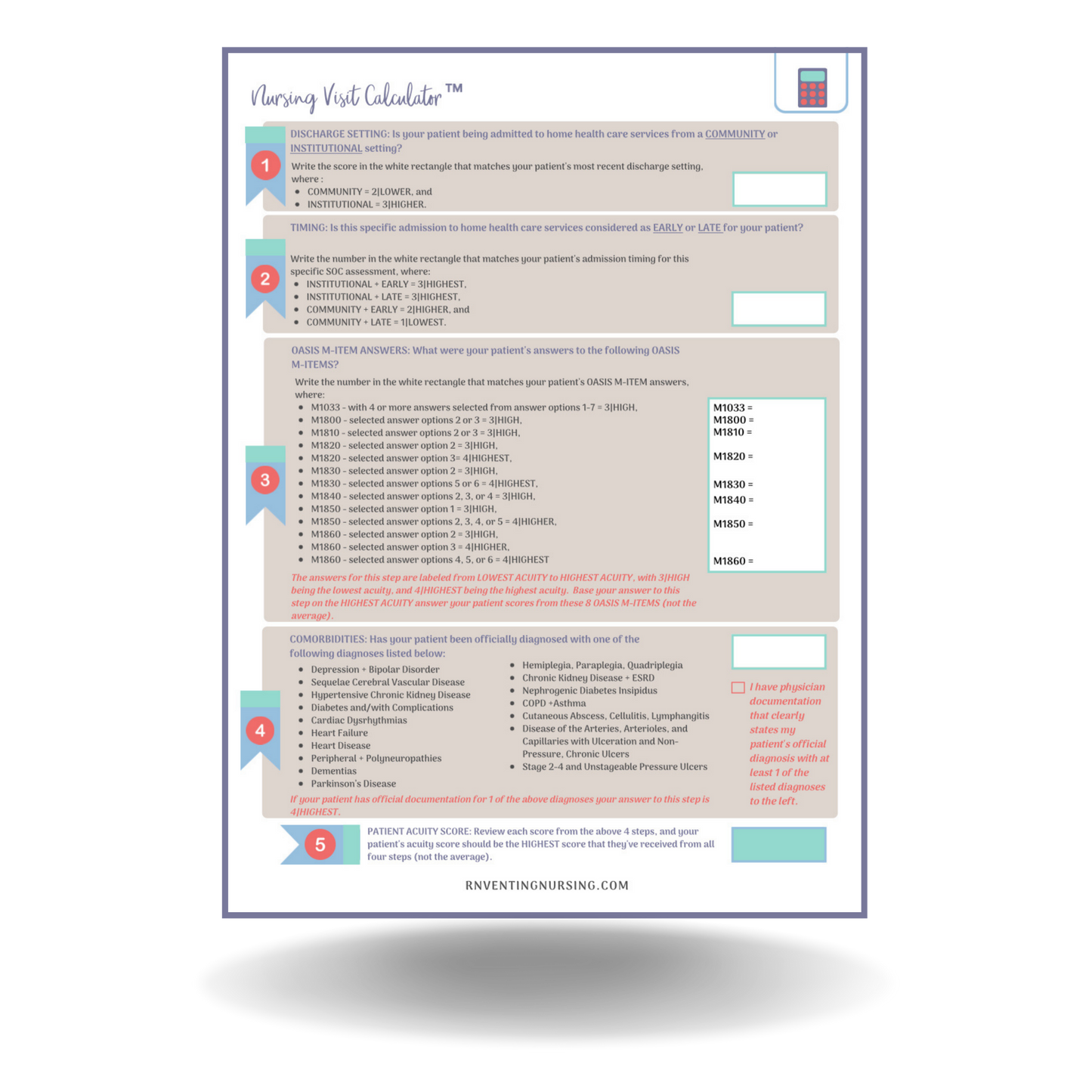 The Nursing Visit Calculator™ Notepad Instant Download Print-It-Yourself (PIY) for Home Health Nurses
