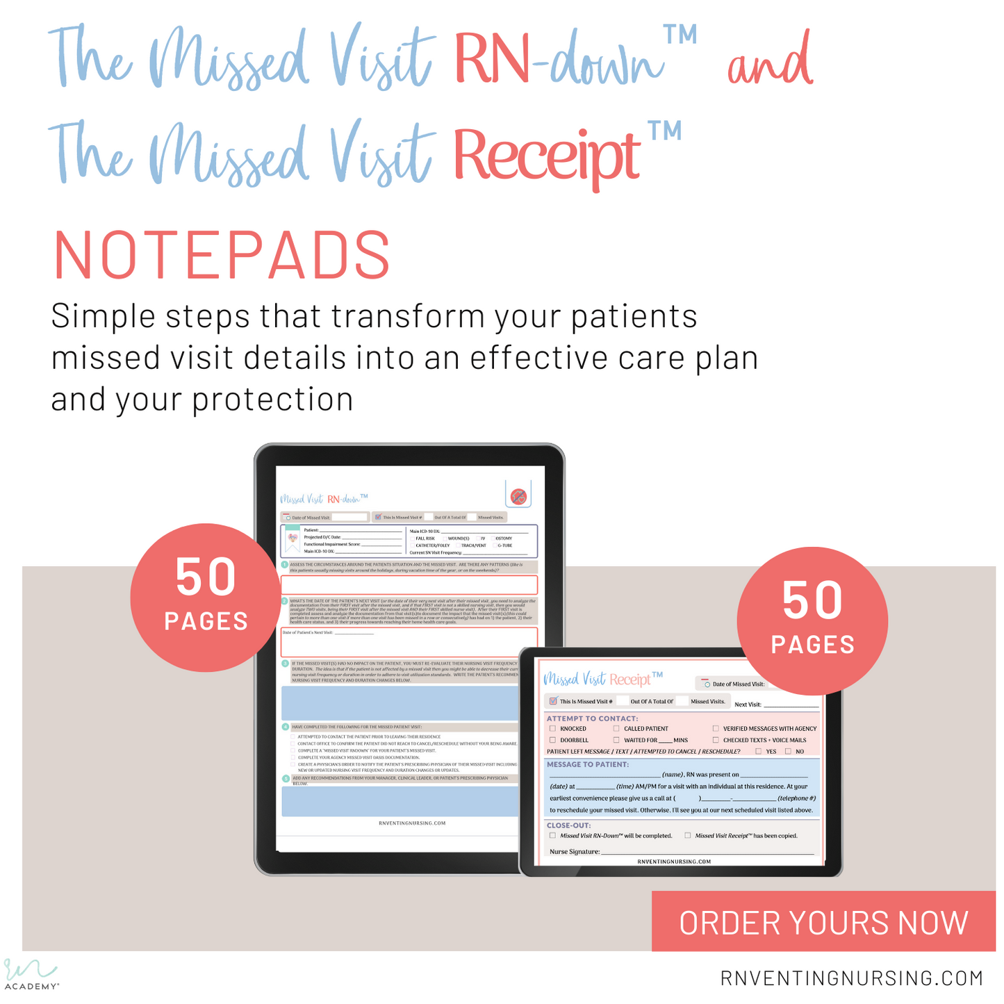 The Missed Visit RN-down™ + Missed Visit Receipt™ Notepad Instant Download Print-It-Yourself (PIY) Bundle